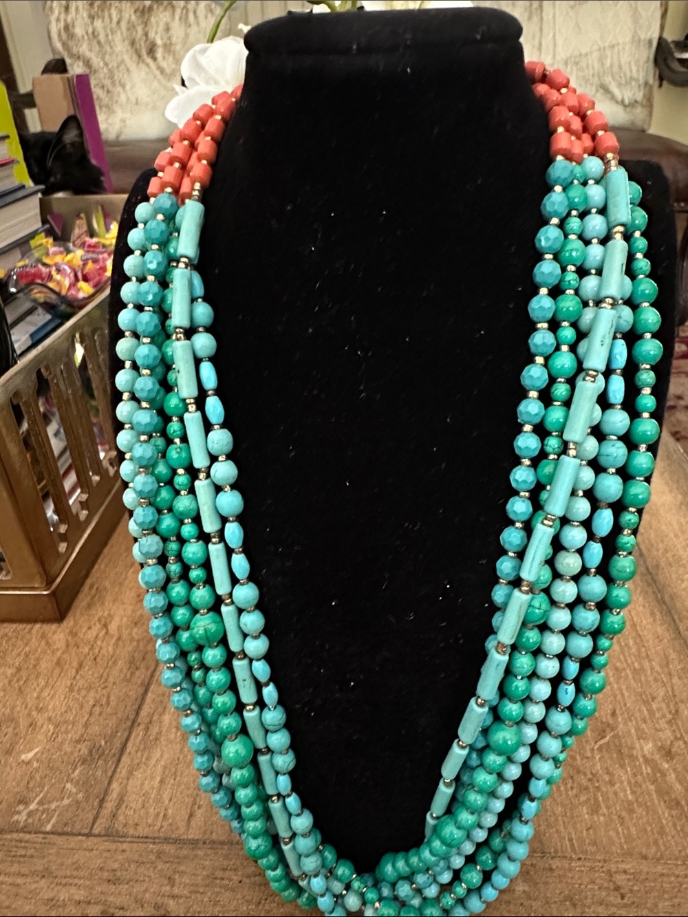 Multi-Strand Turquoise and Coral Beaded Statement Necklace - Picture 2 of 4